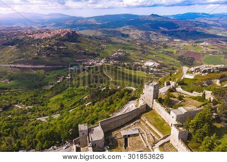 Castello Di Lombardia In Enna Sicily, Italy. Aerial Photo.