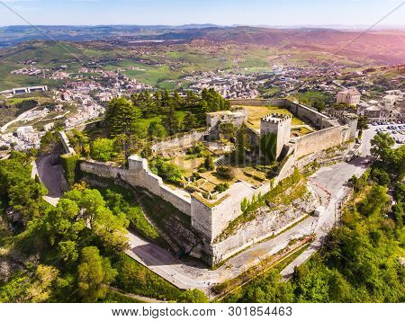 Castello Di Lombardia In Enna Sicily, Italy. Aerial Photo.