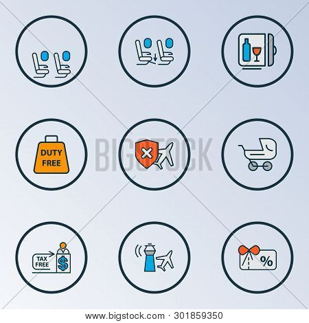 Traveling Icons Colored Line Set With Minibar, Voucher, Stroller And Other No Travel Insurance Eleme