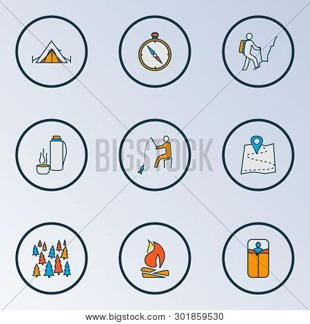 Tourism Icons Colored Line Set With Tent, Map, Bonfire And Other Campfire Elements. Isolated Vector 