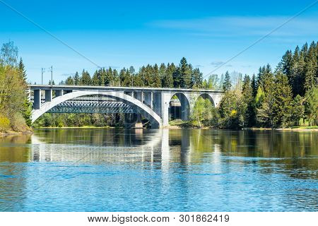 Kouvola, Finland - May 16, 2019: Spring Landscape Of Bridge And Kymijoki River Waters In Finland, Ky