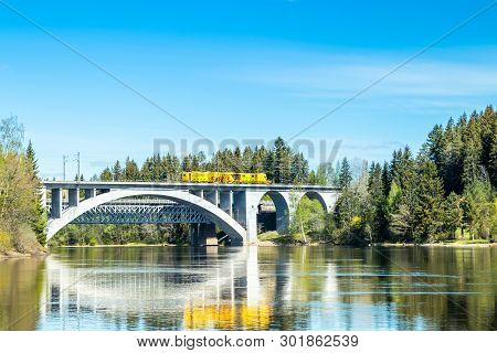 Kouvola, Finland - May 16, 2019: Spring Landscape Of Bridge And Kymijoki River Waters In Finland, Ky