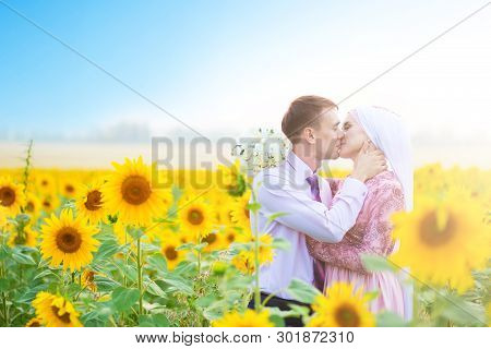Islamic Wedding Ceremony In Field. Wedding Couple. Muslim Marriage
