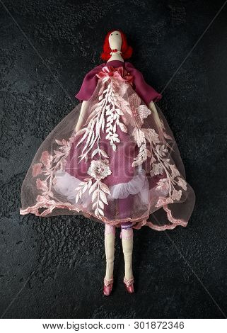 Handmade Doll Tilda In Beautiful Dress With Red Hair.