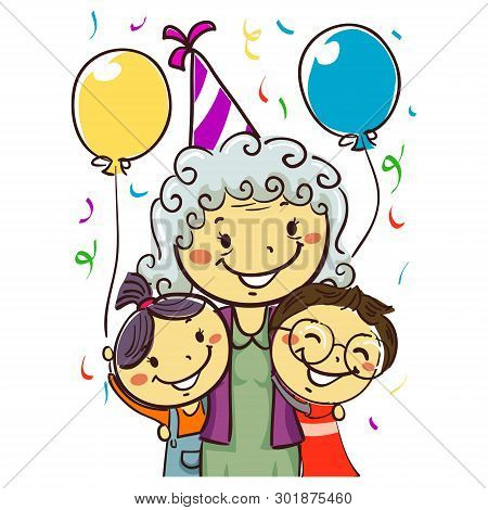 Vector Illustration Of A Grandmother Celebrating Her Birthday With Kids Wearing Party Hat