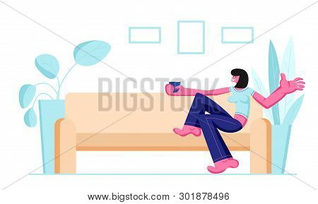 Cute Smiling Girl Sitting On Cozy Sofa Drinking Coffee Or Tea At Home Domestic Interior Female Chara