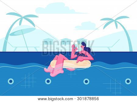 Summertime Leisure, Vacation. Young Happy Woman Relaxing On Resort, Floating At Inflatable Ring In S