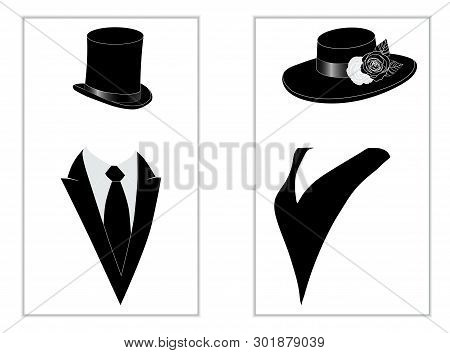 Vintage Toilet Wc Sign With Lady And Gentleman Head In Evening Hats And Clothes