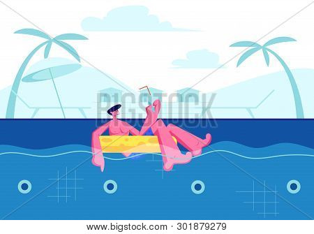 Summer Time Sparetime, Young Happy Man Enjoying Cocktail And Floating At Inflatable Ring In Swimming