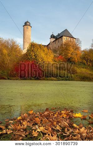 Pond With Autumn Leaves In Rural Turingia, Germany