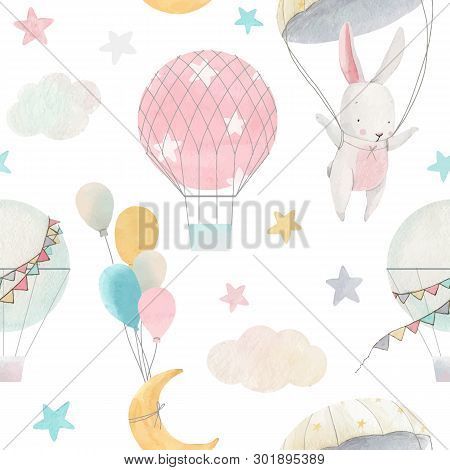 Cute Vector Seamless Baby Pattern With Air Baloons And Rabbit Moon Clouds
