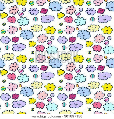 Emoji Clouds, Seamless Patr. Funny Kawaynaya Illustration.