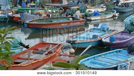 Cheung chau, Hong Kong, 24 April 2019: Crowd of small boats in the sea of Cheung chau island