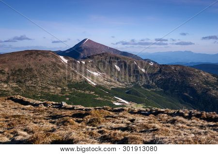 Spring landscape with a view to the top of Hoverla. Mountains Carpathians, Ukraine. Sunny morning with blue sky. Melting the last snow on the slopes