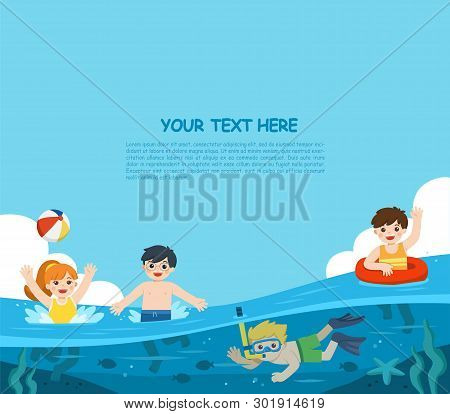 Happy Kids Play And Swim In The Sea. A Little Boy Diving With Fish Under The Ocean. Kids Having Fun 