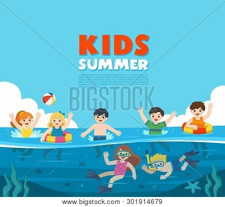 Happy Kids Play And Swim In The Sea. Little Boy And Girl Diving With Fish Under The Ocean. Kids Havi