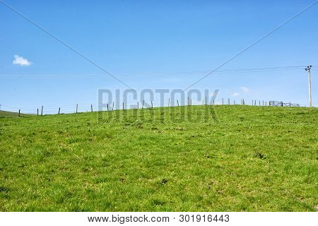 Fence-lined Green Field Under The Beautiful Blue Sky In Scotland, Uk