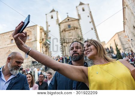 Caceres, Extremadura, Spain - May 18, 2019: Attendees At The Vox Rally Make Selfies With The Leader 
