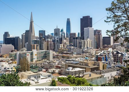 San Francisco Downtown From Ina Coolbrith Park. Russian Hill District, San Francisco, California, Us