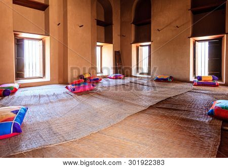 Rustaq, Oman, May 28, 2016: Interior room in historic Rustaq Fort in Oman