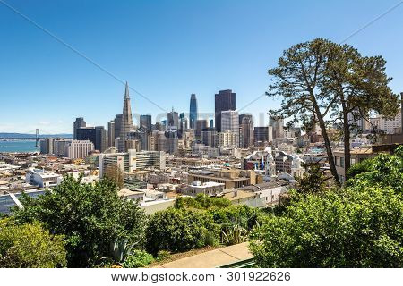 San Francisco Downtown From Ina Coolbrith Park. Russian Hill District, San Francisco, California, Us