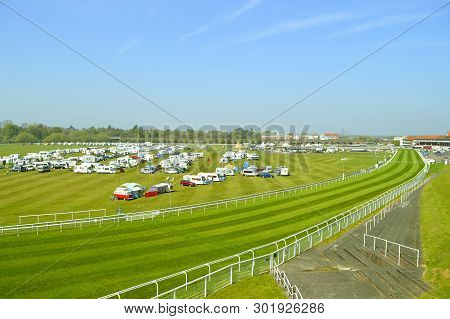 Chester, England, Uk, Europe - April 19, 2019 : Camping In Chester Racecourse The Oldest Racecourse 