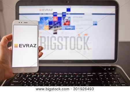Saint Petersburg, Russia - May 14, 2019: Website And Logo Of The Russian Company Evraz On The Screen