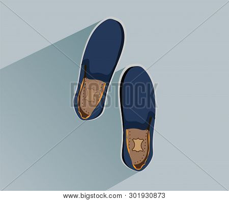 Shoe Moccasin. Fashion Footwear. Concept Vector Blue Moccasins Top View In Flat Style Isolated On Li