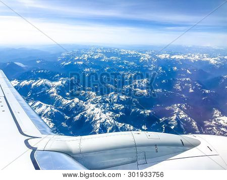 Mount Rainer Mountain Region Covered In Snow Aerial View