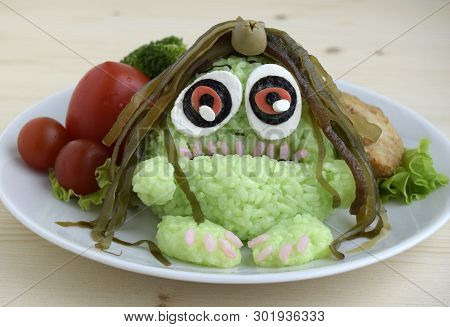 The Monster Is Made Of Rice. Kyaraben, Bento. Creative Food For Children.