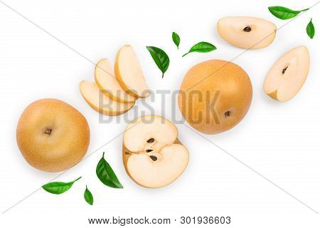 Fresh Asian Pear With Leaves Isolated On White Background With Copy Space For Your Text. Top View. F