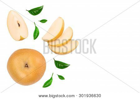 Fresh Asian Pear With Leaves Isolated On White Background With Copy Space For Your Text. Top View. F