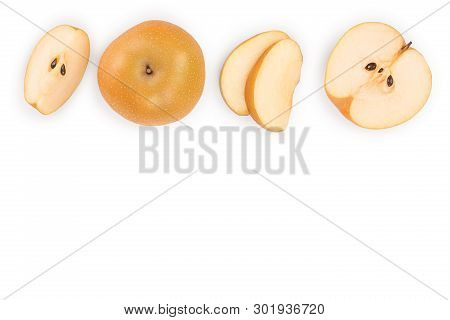 Fresh Asian Pear Isolated On White Background With Copy Space For Your Text. Top View. Flat Lay. Set
