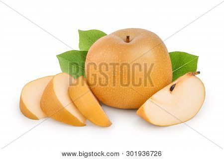 Fresh Asian Pear With Slices And Leaf Isolated On White Background