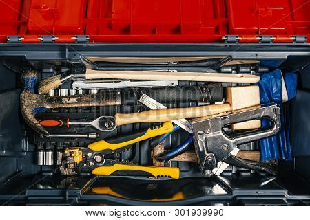 Set Of Working Tools In Tool Box, Top View. Diy Theme