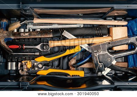 Set Of Working Tools In Tool Box, Top View. Do It Yourself