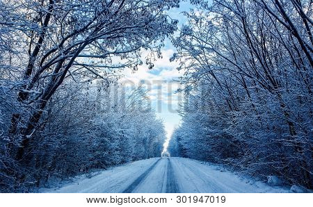 Road In The Snow. Slippy Road. Beautiful Landscape Of A Snowy Road Stretching Into The Distance