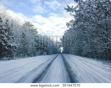 Road In The Snow. Slippy Road. Beautiful Landscape Of A Snowy Road Stretching Into The Distance