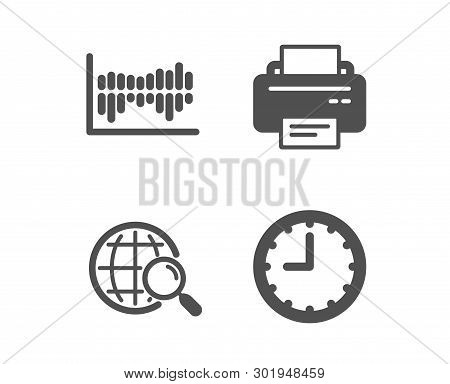 Set Of Column Diagram, Printer And Web Search Icons. Time Sign. Sale Statistics, Printing Device, Fi