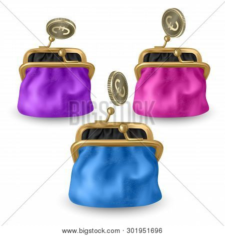 Set Of Opened Purses Of Pink, Blue And Purple Colors. Gold Coins Raining To Open Wallet. Golden Coin