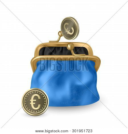 The Blue, Opened Purse. Gold Coins Raining To Open Wallet. Golden Coins Money, Euro Dropping Or Fall