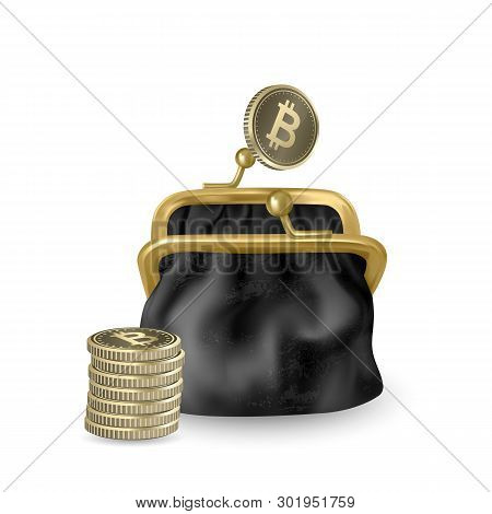 The Black, Opened Purse. Gold Coins Raining To Open Wallet. Golden Coins Money, Bitcoin Dropping Or 