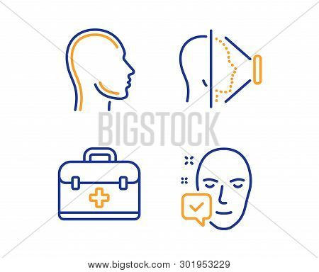 First Aid, Face Id And Head Icons Simple Set. Face Accepted Sign. Medicine Case, Phone Scanning, Hum