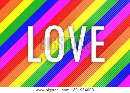 3d Rendering. Love Word On Modern Diagonal Lgbt Rainbow Color Falg Design Wall Backgorund.