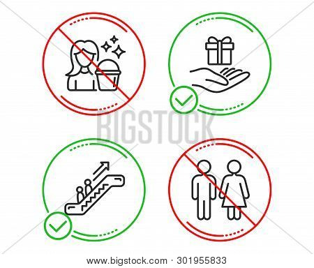 Do Or Stop. Escalator, Cleaning And Loyalty Program Icons Simple Set. Restroom Sign. Elevator, Maid 