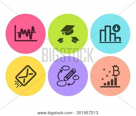 Throw Hats, Decreasing Graph And Stock Analysis Icons Simple Set. E-mail, Keywords And Bitcoin Graph