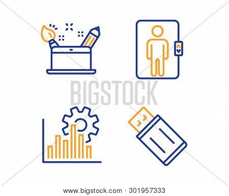 Elevator, Seo Graph And Creativity Concept Icons Simple Set. Usb Flash Sign. Office Transportation, 