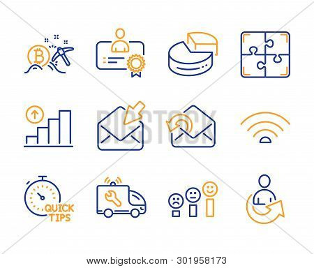 Certificate, Send Mail And Bitcoin Mining Icons Simple Set. Wifi, Customer Satisfaction And Graph Ch
