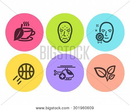 Basketball, Medical Helicopter And Face Verified Icons Simple Set. Mint Tea, Face Biometrics And Lea
