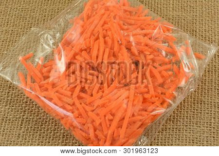 Precut Raw Matchstick Carrots In Plastic Bag To Be Used As Cooking Ingredient Or As Healthy Treat Or